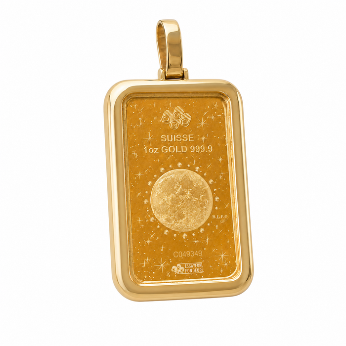 1oz PAMP Bar w/ Plain Yellow Gold Bezel