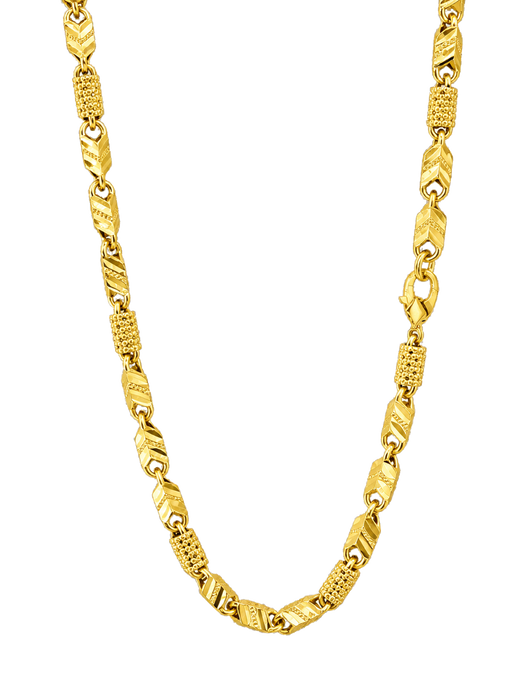 3.5MM Diamond Cut Baht and Textured Barrel Chain in polished yellow gold, transparent background