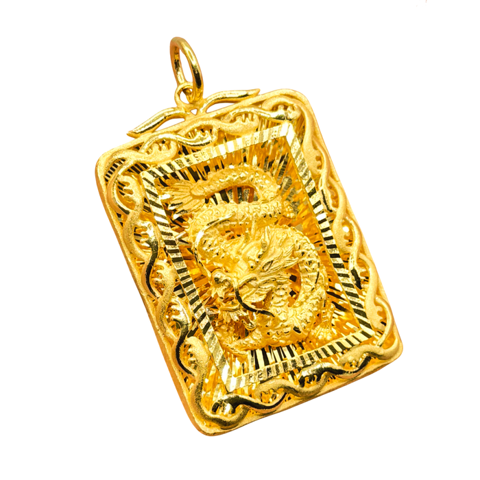 24K Yellow Gold Medium Diamond Cut 3D Dragon Pendant