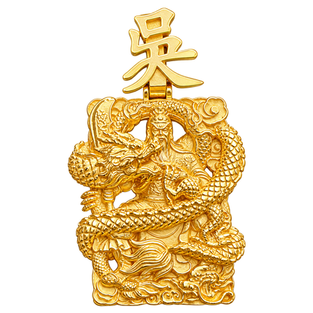 3D God of War (Guan Gong) with a Dragon and Customizable Bail Pendant — polished yellow gold on transparent background
