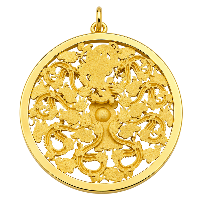 24K Yellow Gold 9 Dragons Circle Medium Pendant