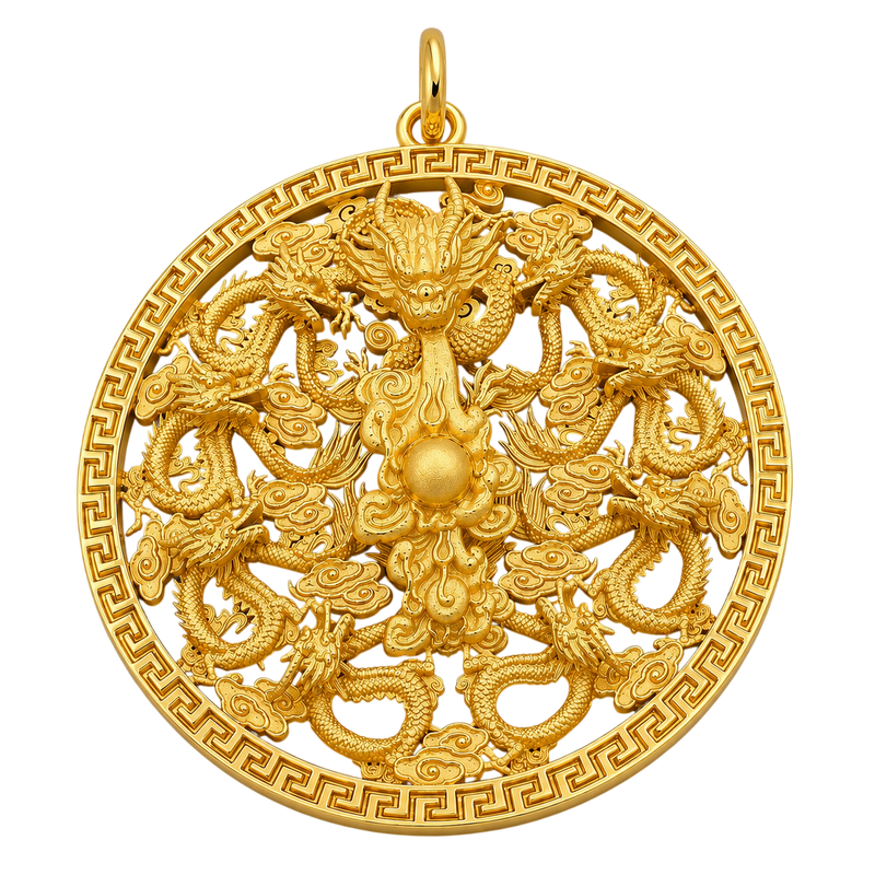 24K Yellow Gold 9 Dragons Circle Medium Pendant