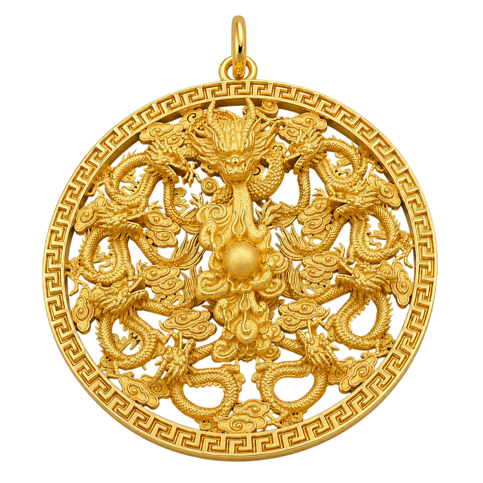 24K Yellow Gold 9 Dragons Circle Medium Pendant