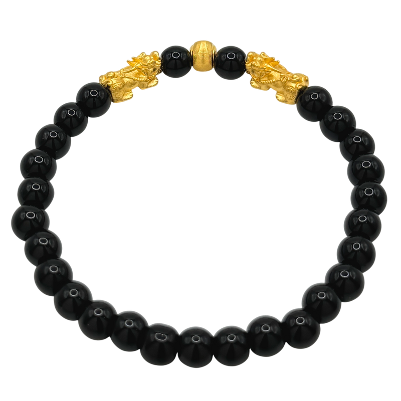 24K Yellow Gold Double Pi Xiu Black Obsidian Bracelet