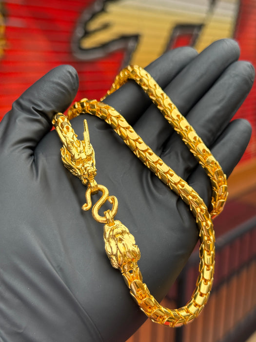 24K Yellow Gold 7MM Dragon Scale Chain w/ Head & Tail