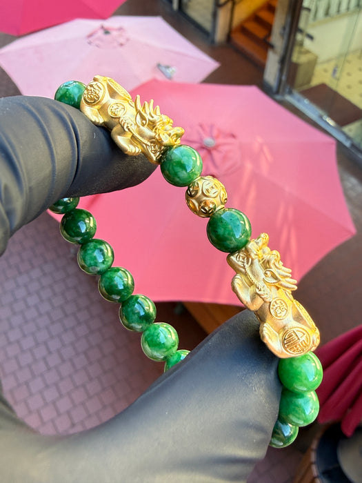24K Yellow Gold Double Pi Xiu & Money Coin Ball Green Jade Bead Bracelet