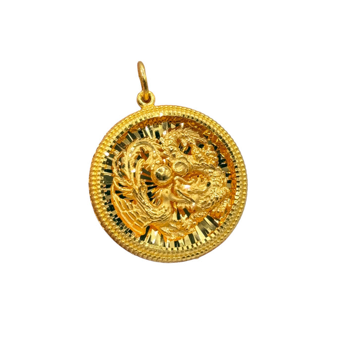 24K Yellow Gold Dragon and Phoenix Pendant