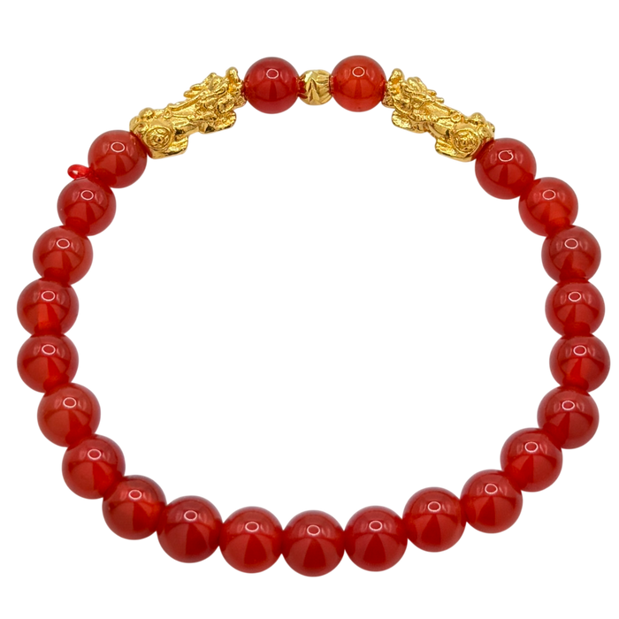24K Yellow Gold Double Pi Xiu Red Jade Bead Bracelet