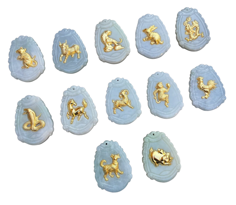 Natural Jade with 24K Zodiac Animal Inlay Pendants