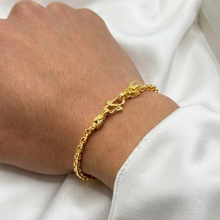 24K Yellow Gold 2.6MM Anchor Link Dragon Biting Tail Bracelet