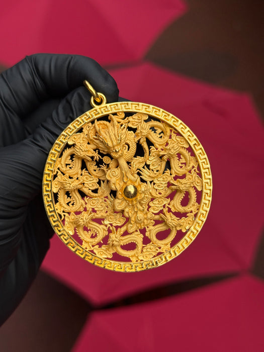 24K Yellow Gold 9 Dragons Circle Medium Pendant