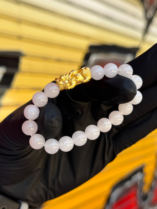 24K Yellow Gold Pi Xiu White Jade Bead Bracelet