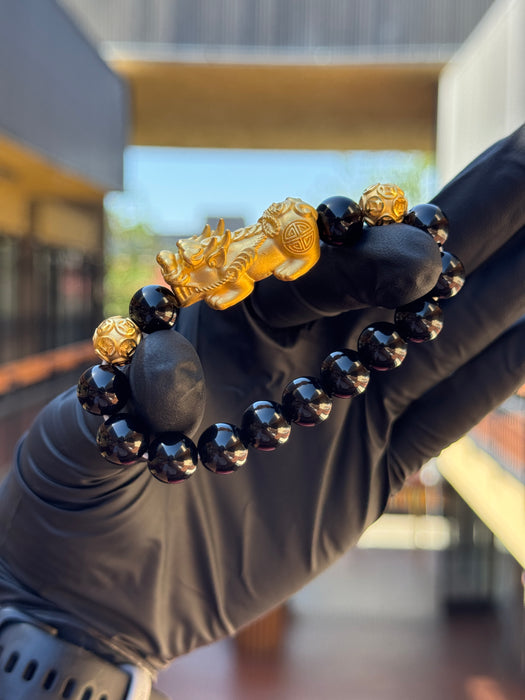 24K Yellow Gold Pi Xiu w/ Money Coin Balls Black Obsidian Bead Bracelet