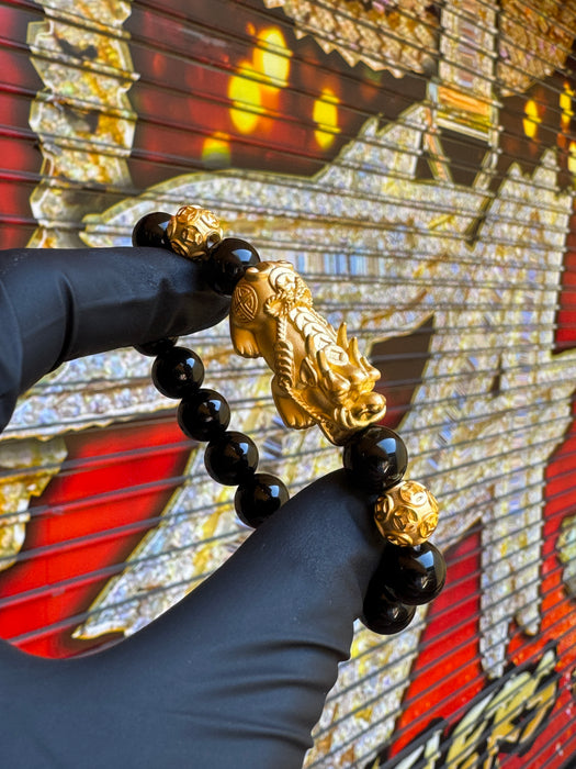24K Yellow Gold Pi Xiu w/ Money Coin Balls Black Obsidian Bead Bracelet