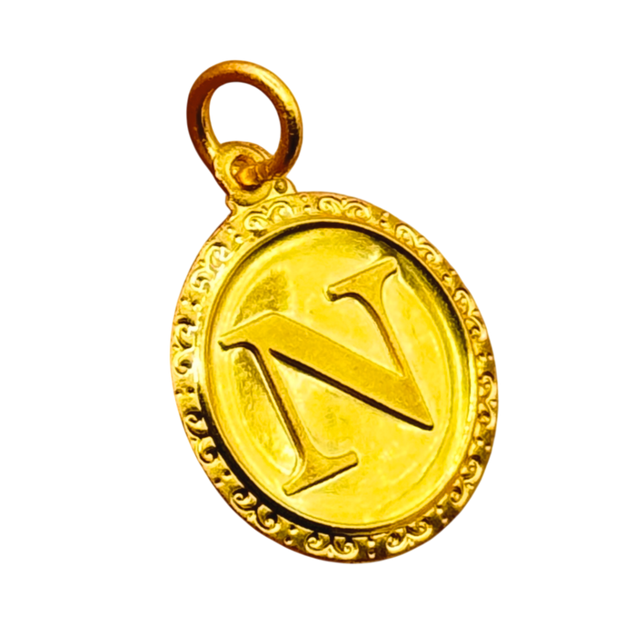 24K Yellow Gold Letter "N" Circle Pendant