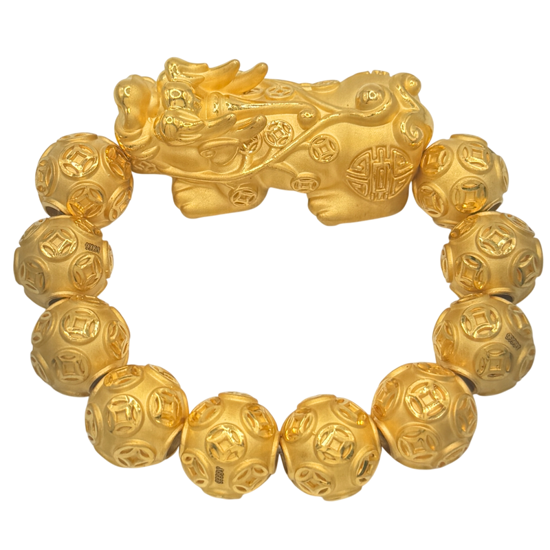 24K Yellow Gold Large Pi Xiu w/ Money Coin Balls Bracelet