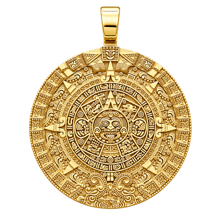 Aztec Calendar Pendant — polished yellow gold on transparent background