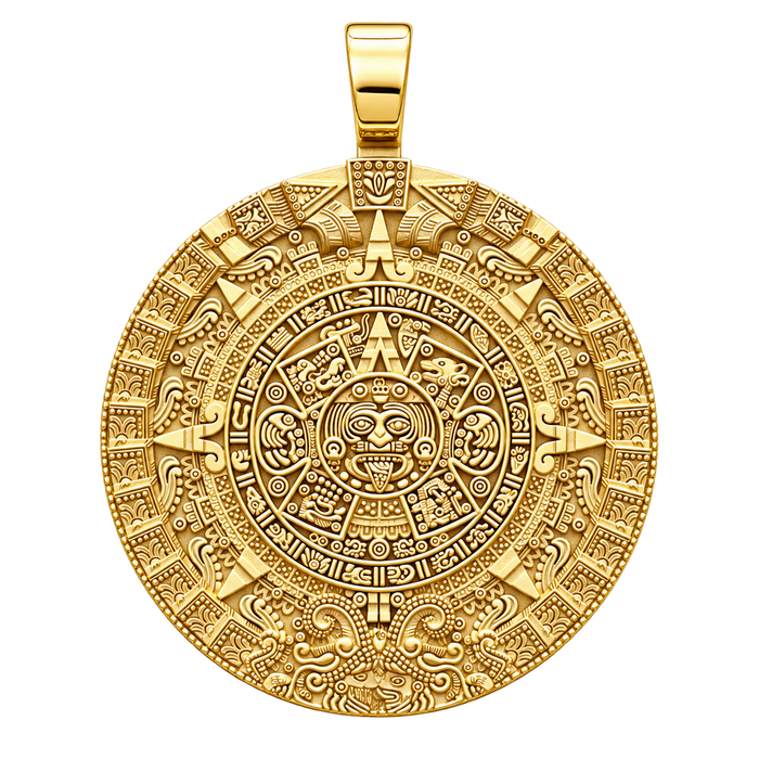 Aztec Calendar Pendant — polished yellow gold on transparent background