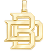 BD interlocked pendant in polished yellow gold with matte outlines and open letter cutouts