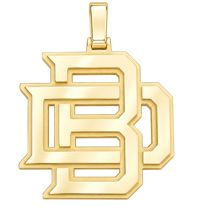 BD interlocked pendant in polished yellow gold with matte outlines and open letter cutouts