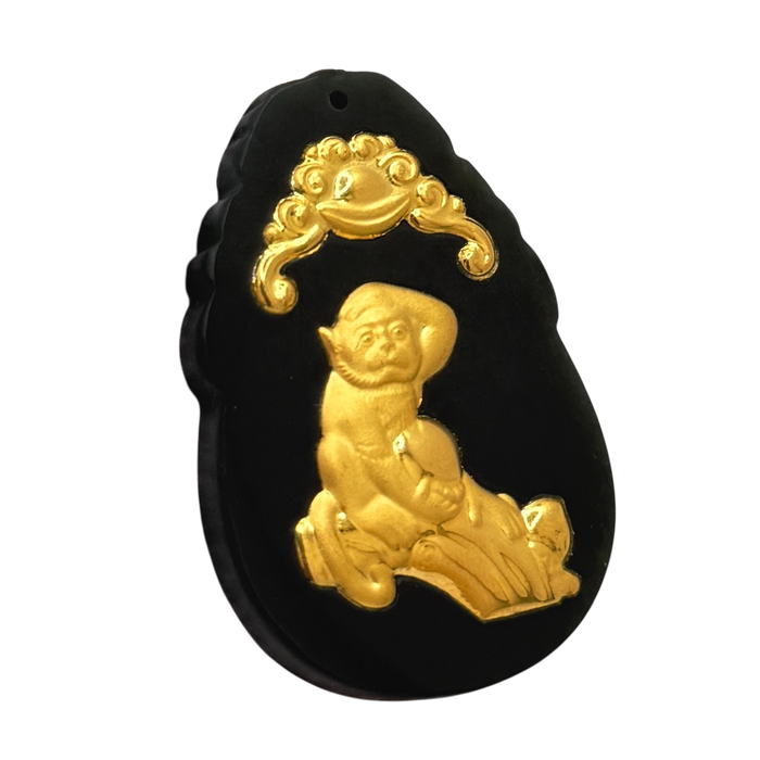 Natural Black Jade w/ 24K Monkey Inlay