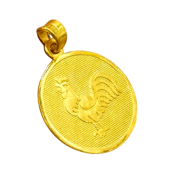 24K Yellow Gold Small CIrcle Rooster Pendant