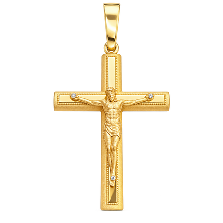 Detailed Crucifix Pendant — polished yellow gold on transparent background