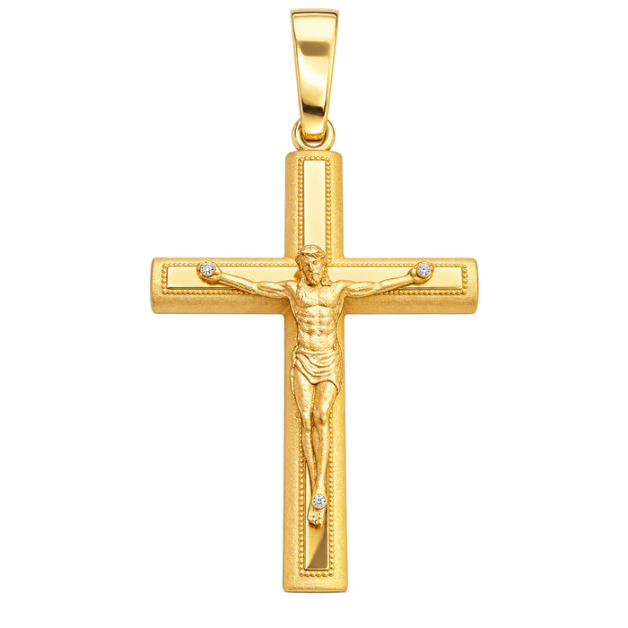 Detailed Crucifix Pendant — polished yellow gold on transparent background