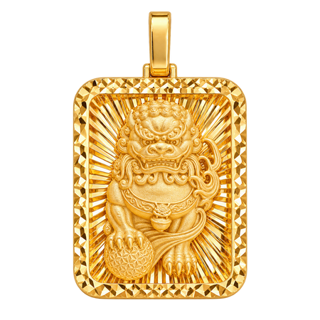 Diamond-Cut Back and Border Foo Dog Pendant — polished yellow gold on transparent background
