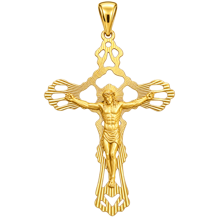Diamond-Cut Crucifix Pendant — polished yellow gold on transparent background