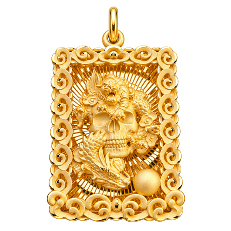 Diamond-Cut Dragon, Skull, and Tiger Pendant — polished yellow gold on transparent background