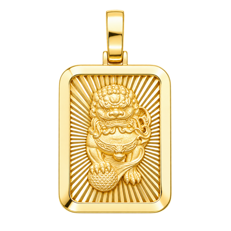 Diamond-Cut Foo Dog Rectangular Pendant — polished yellow gold on transparent background