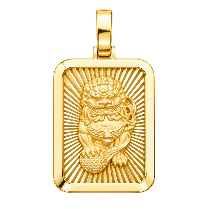 Diamond-Cut Foo Dog Rectangular Pendant — polished yellow gold on transparent background