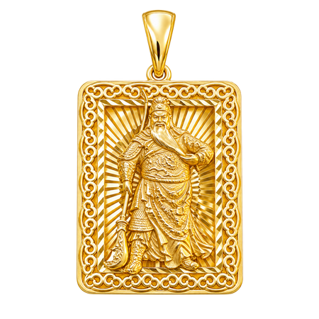 Diamond-Cut God of War (Guan Gong) Openwork Rectangular Pendant — polished yellow gold on transparent background