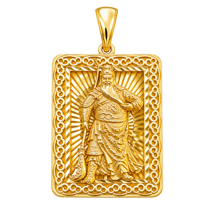 Diamond-Cut God of War (Guan Gong) Openwork Rectangular Pendant — polished yellow gold on transparent background