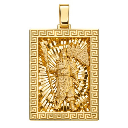 Diamond-Cut God of War (Guan Gong) Rectangular Pendant — polished yellow gold on transparent background