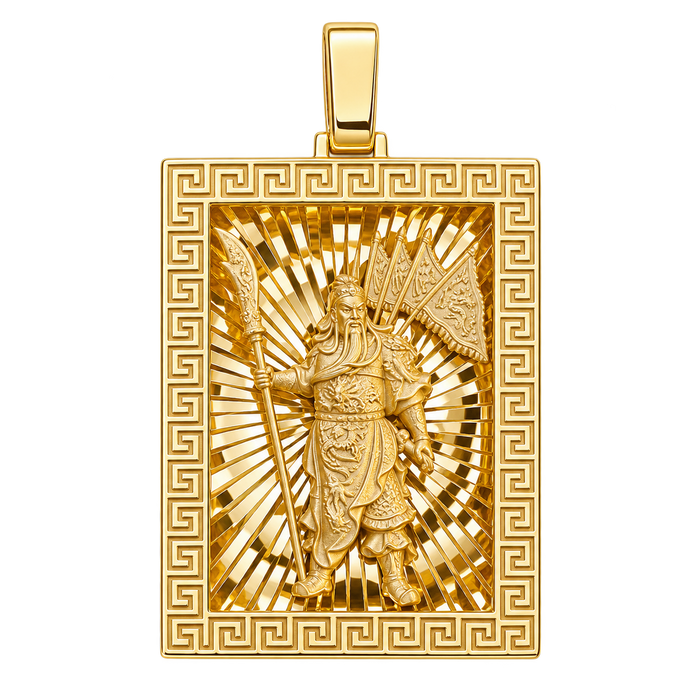 Diamond-Cut God of War (Guan Gong) Rectangular Pendant — polished yellow gold on transparent background