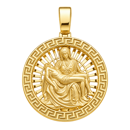 Diamond-Cut Michelangelo's Pietà Circular Pendant — polished yellow gold on transparent background