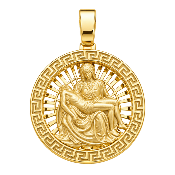 Diamond-Cut Michelangelo's Pietà Circular Pendant — polished yellow gold on transparent background