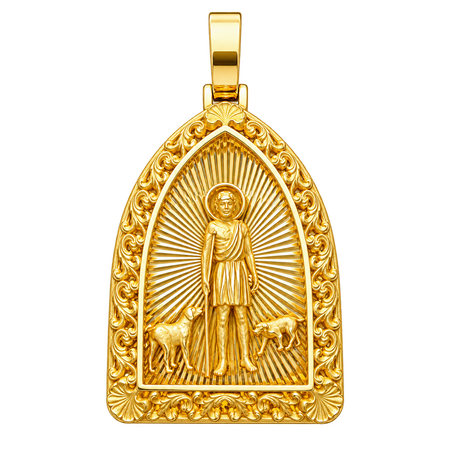Diamond-Cut Saint Lazarus in Arch Frame Pendant — polished yellow gold on transparent background