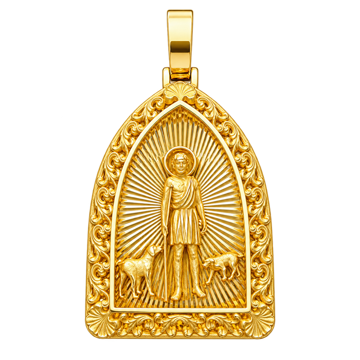 Diamond-Cut Saint Lazarus in Arch Frame Pendant — polished yellow gold on transparent background