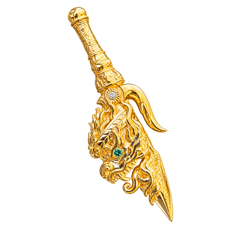 Dragon Head Dagger Pendant — yellow gold with green emerald eye, transparent studio image