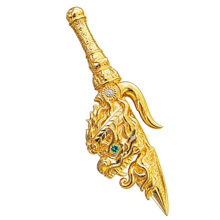 Dragon Head Dagger Pendant — yellow gold with green emerald eye, transparent studio image
