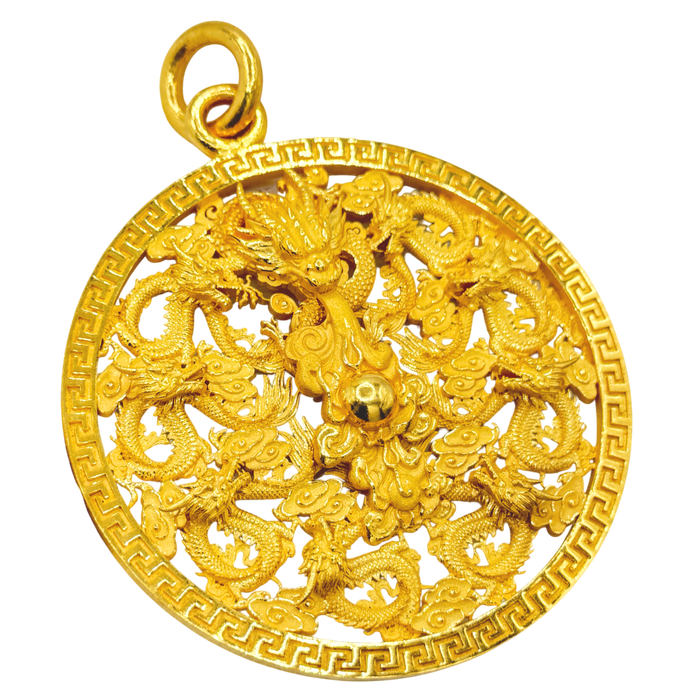 24K Yellow Gold 9 Dragons Circle Pendant