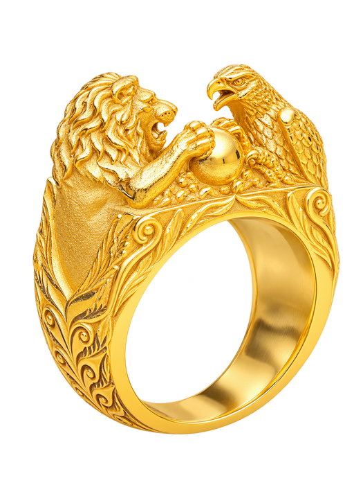 Eagle and Lion Sculpted Ring — yellow gold