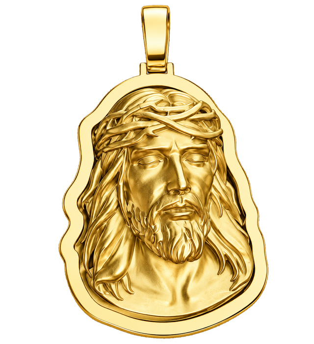 Eyes Closed Jesus Pendant — polished yellow gold on transparent background
