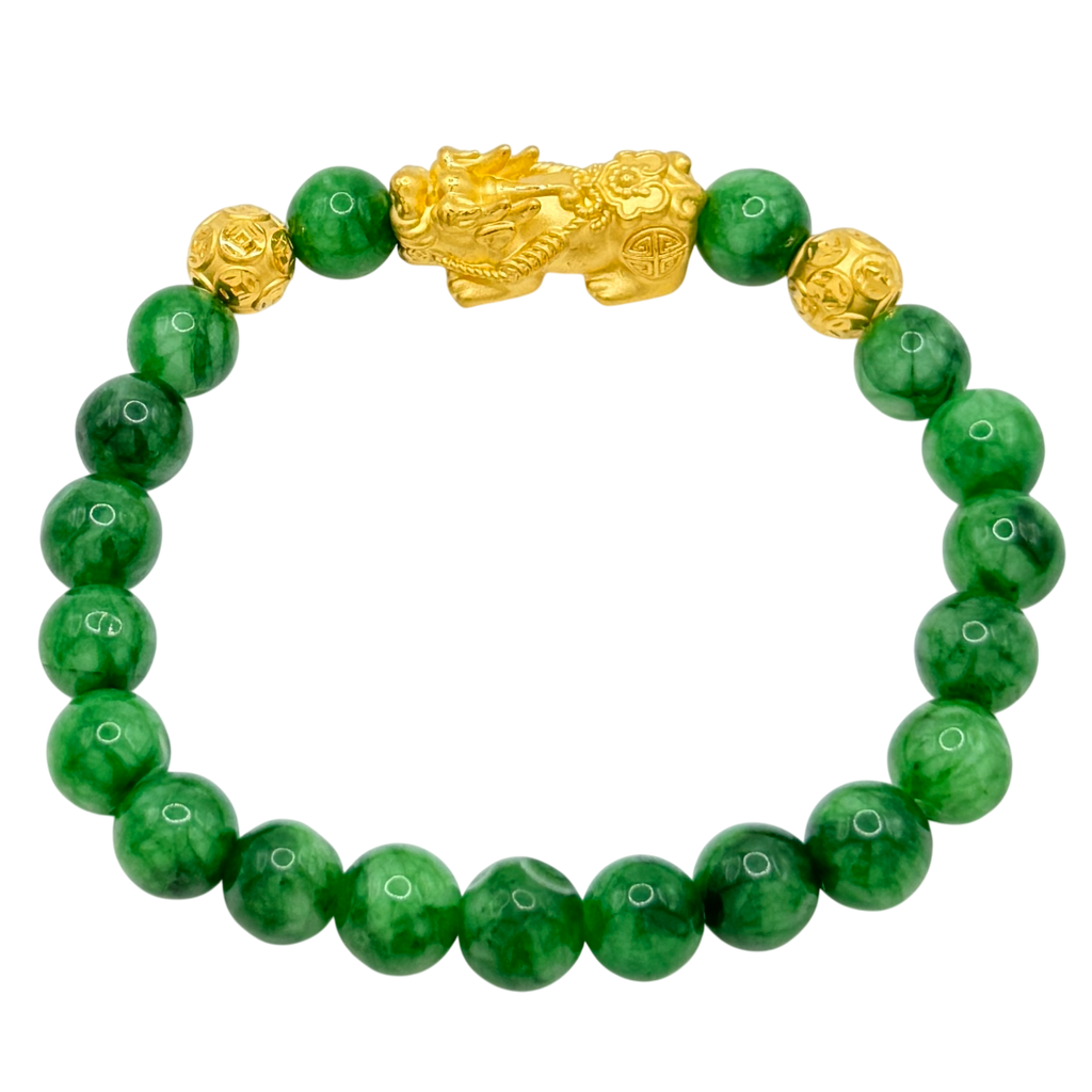 24K Yellow Gold Pi Xiu & Money Coin Ball Green Jade Bead Bracelet
