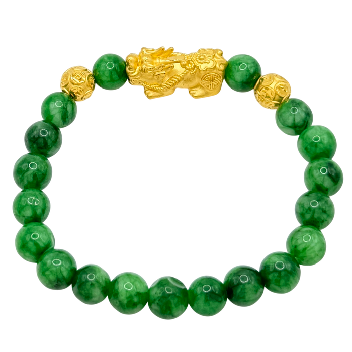 24K Yellow Gold Single Fudog & Money Coin Ball Green Jade Bead Bracelet