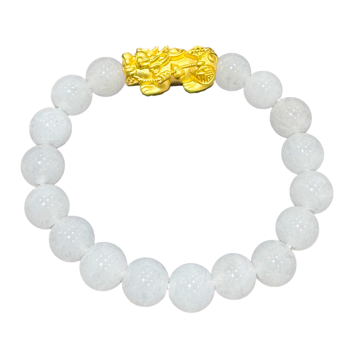 24K Yellow Gold Pi Xiu White Jade Bead Bracelet