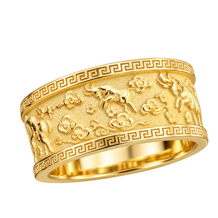 10MM Goat Mural Ring in yellow gold
